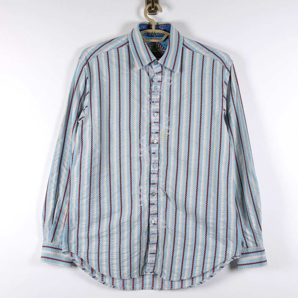 Robert Graham Dress Shirt Blue Striped Mens L Paisley Collar Embroidered Details